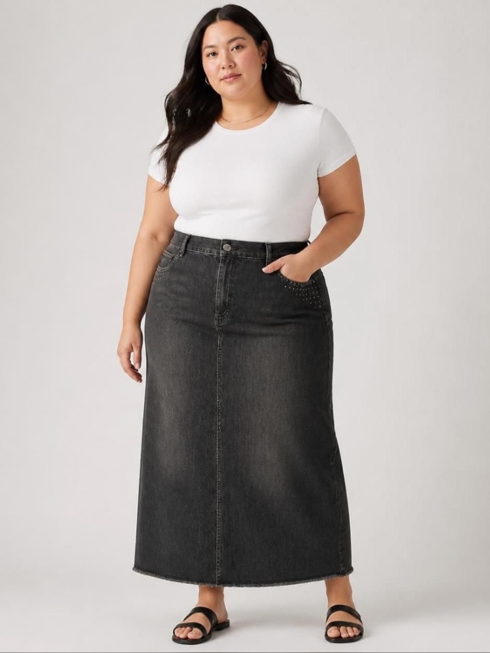 Women’s Vintage Denim Skirt Black Wash Raw Hem Size 20W